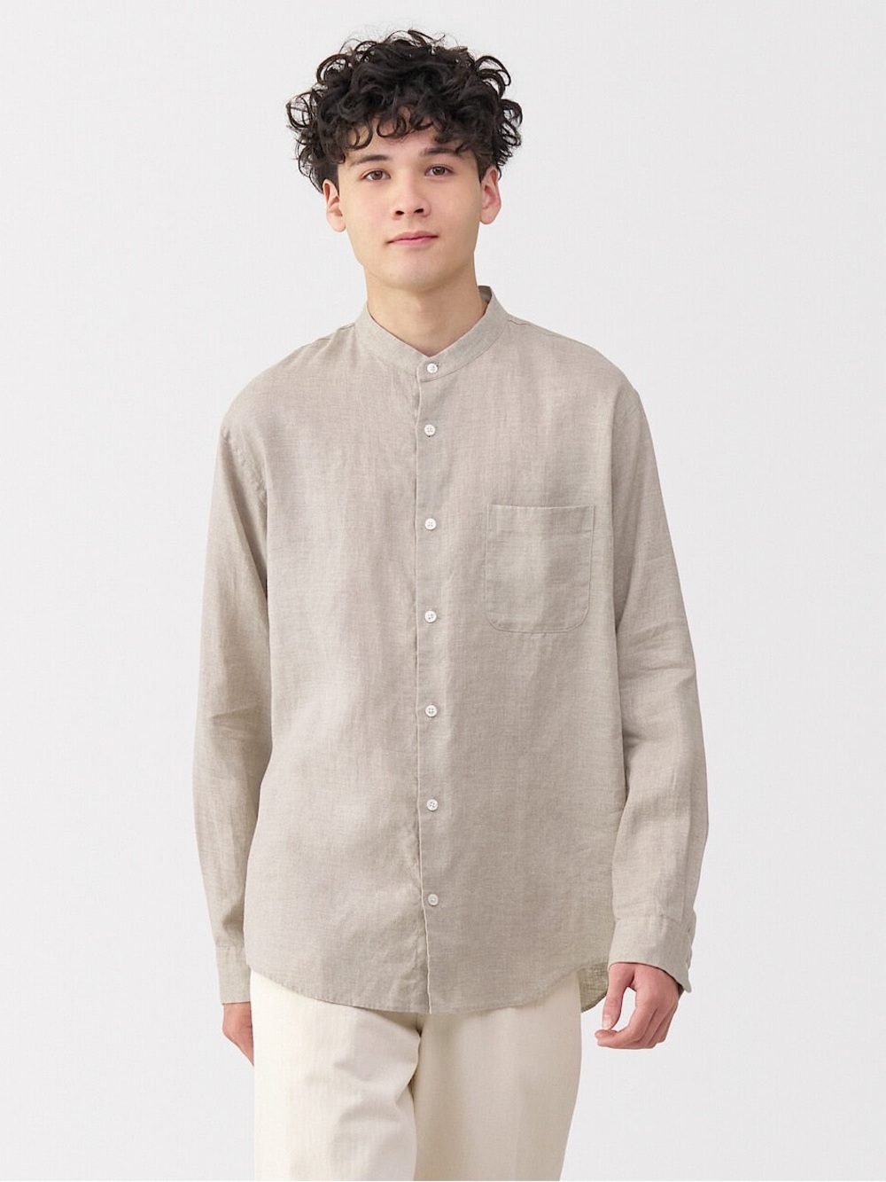 MUJI Men’s 100% Linen Stand Collar Shirt in Natural - L
